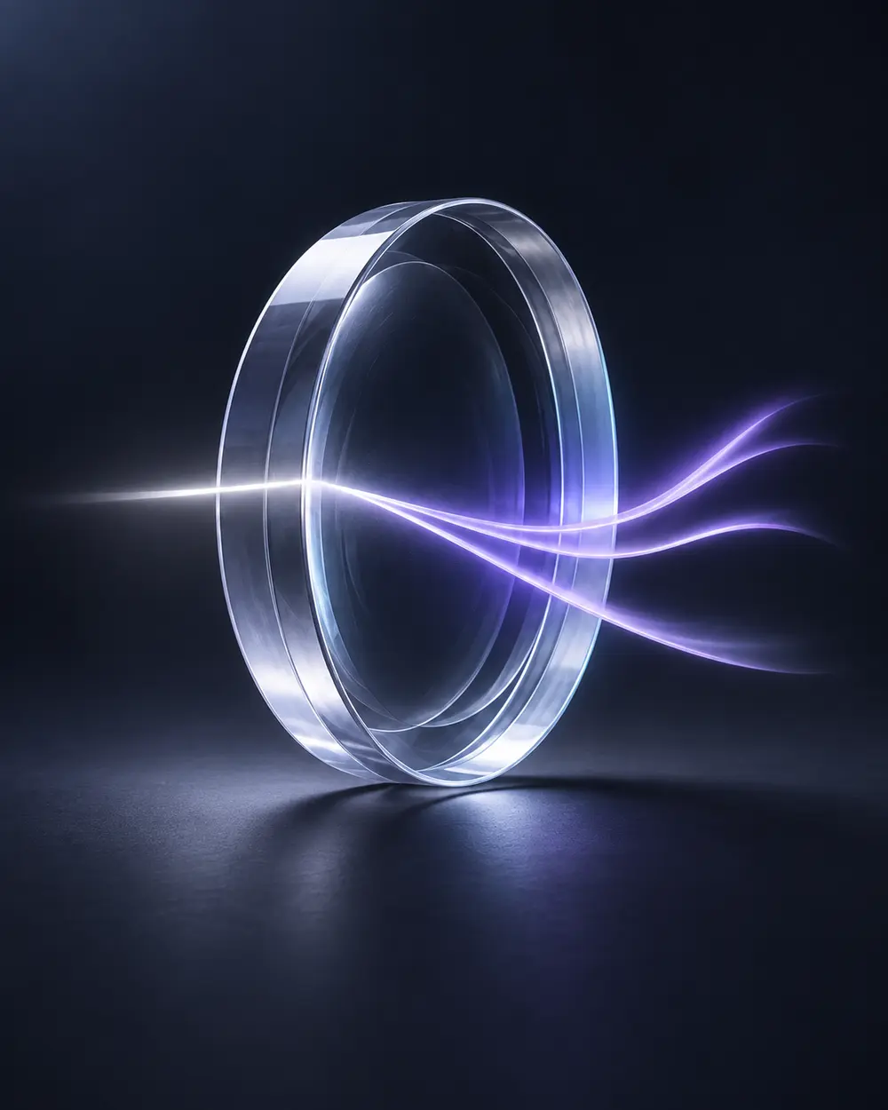 An optical glass lens transforming white light into lavender ribbons.