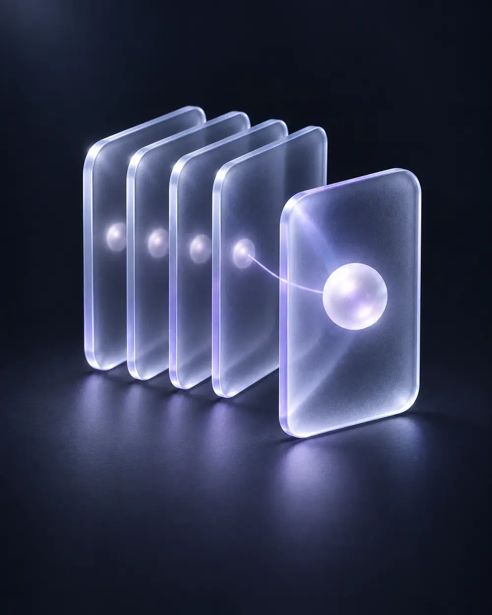 An illuminated memory pane is retrieved from a glass archive, connected to the stored records by a thread of light.