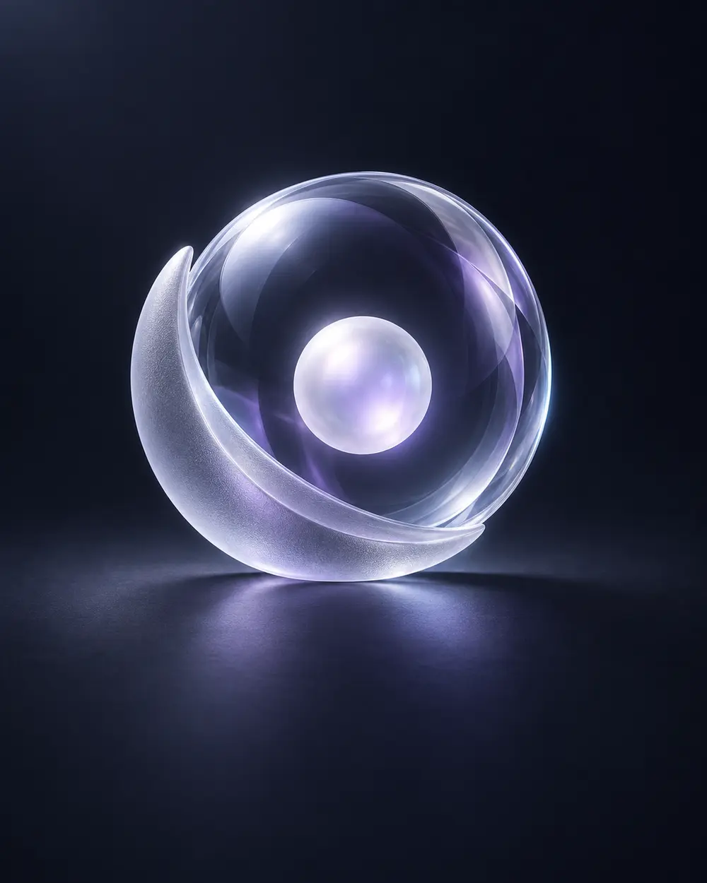 A clear glass sphere with a luminous pearl core, resting in a frosted crescent.