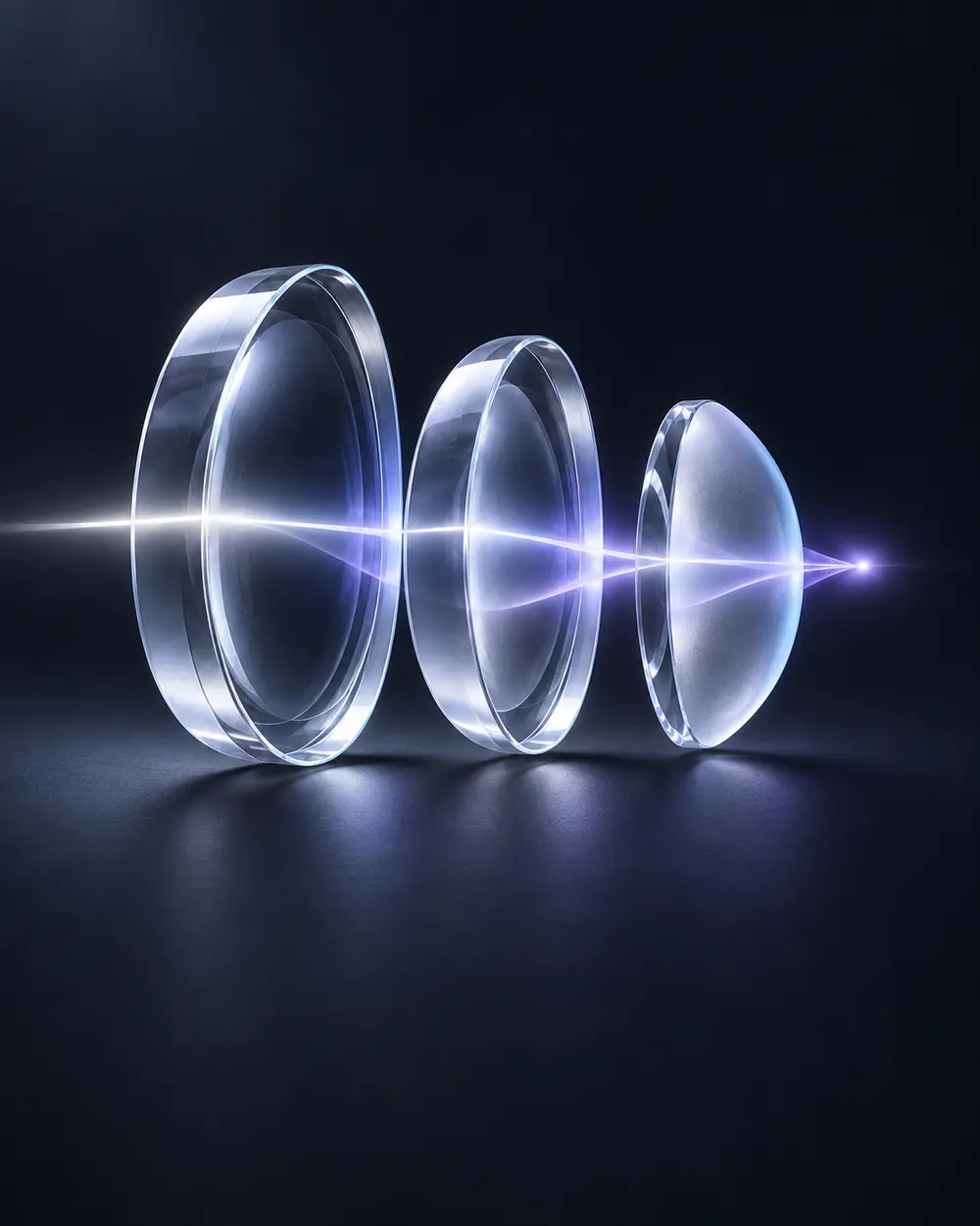 Three optical lenses focusing light into a single point.