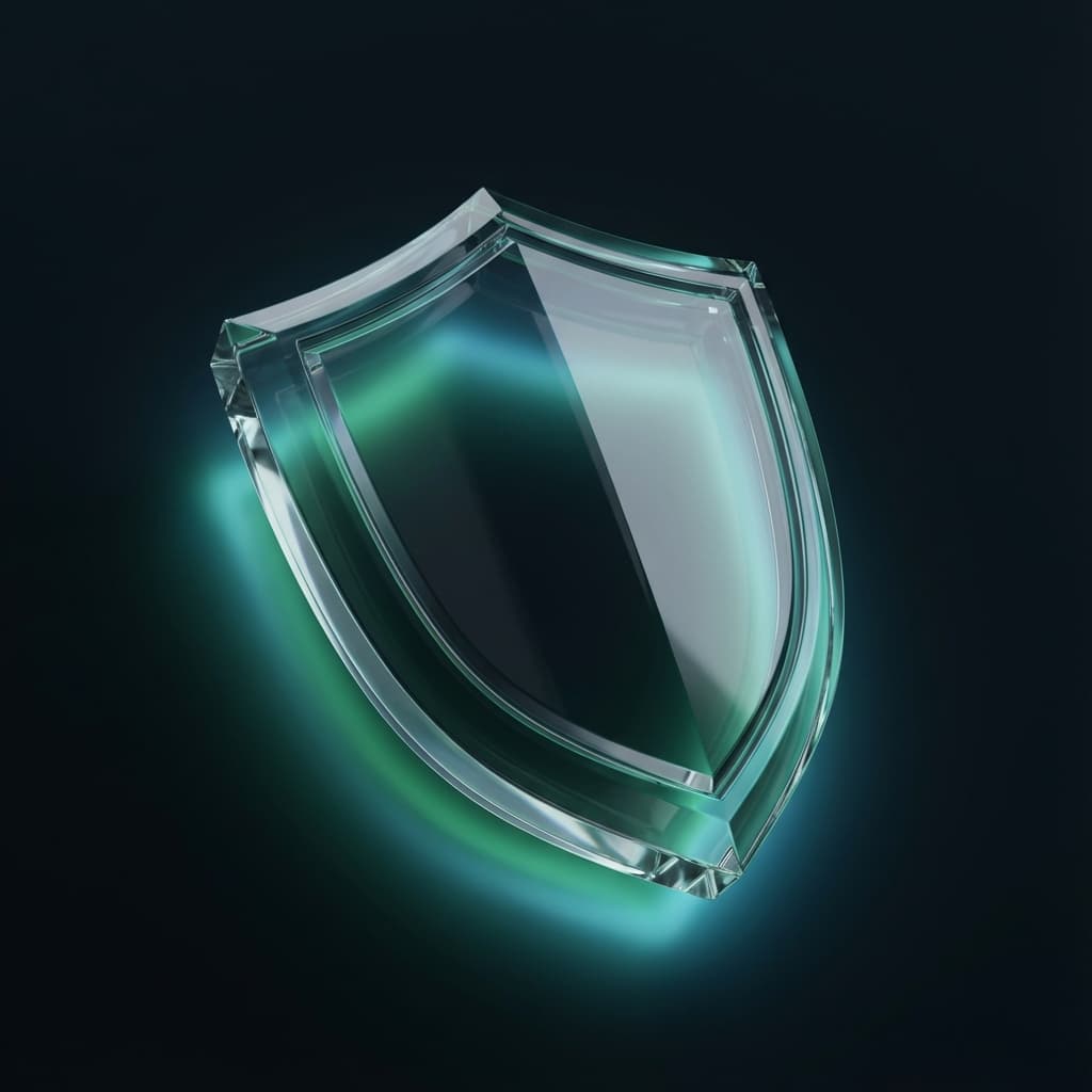 Escudo de seguridad holográfico con candado central y nodos conectados.