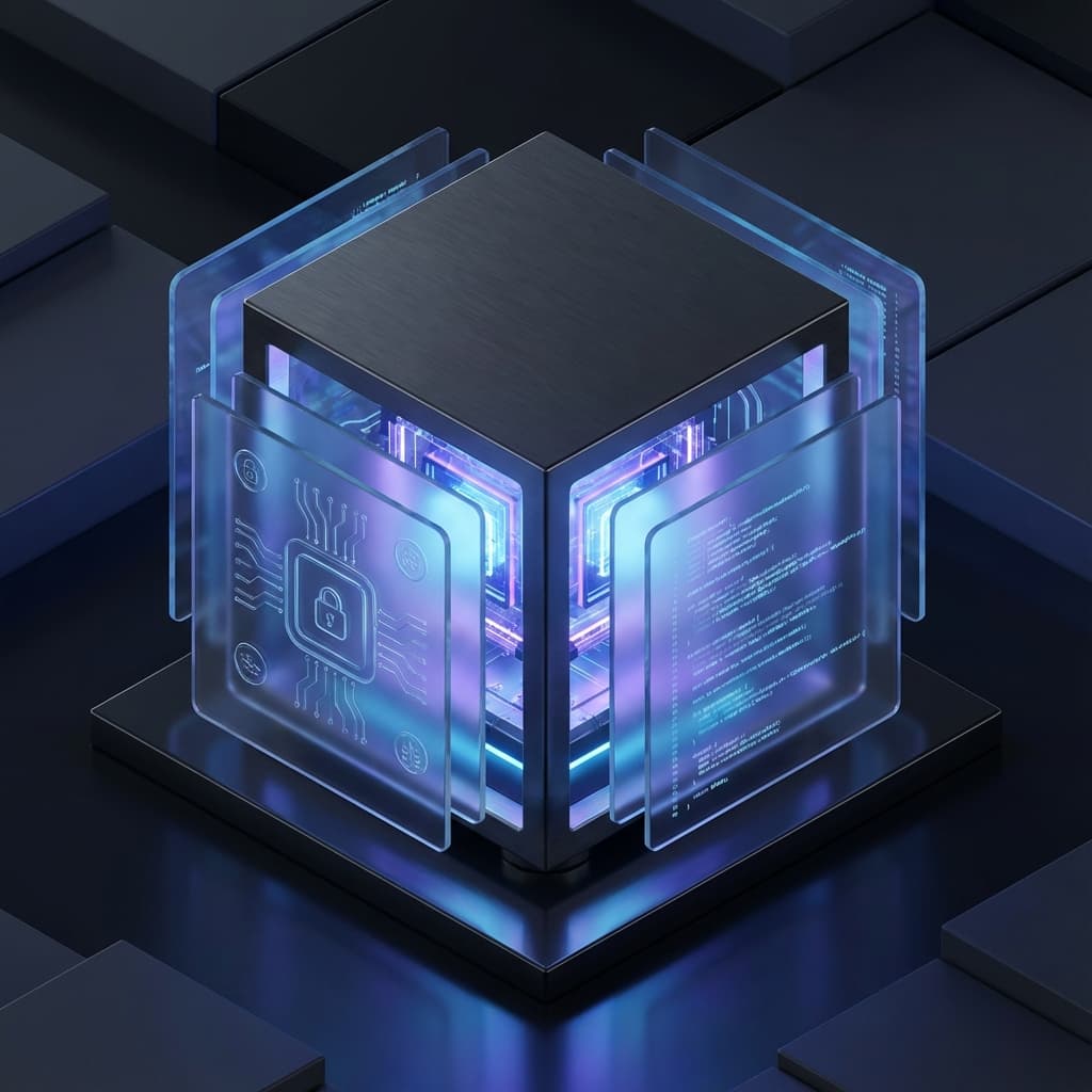 Futuristic digital vault with glowing glassmorphism layers protecting data.