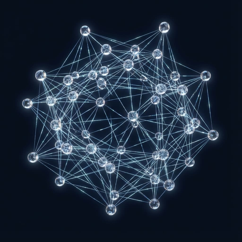 Núcleo futurista de investigación con esferas de datos en órbitas luminosas.