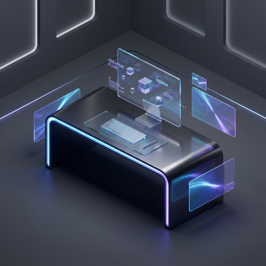 Futuristic digital studio with floating shapes and glowing creative elements.