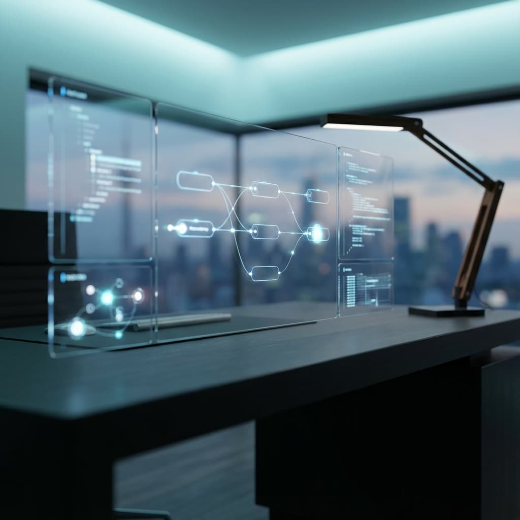 Tarjetas de flujo de trabajo conectadas en un panel luminoso.