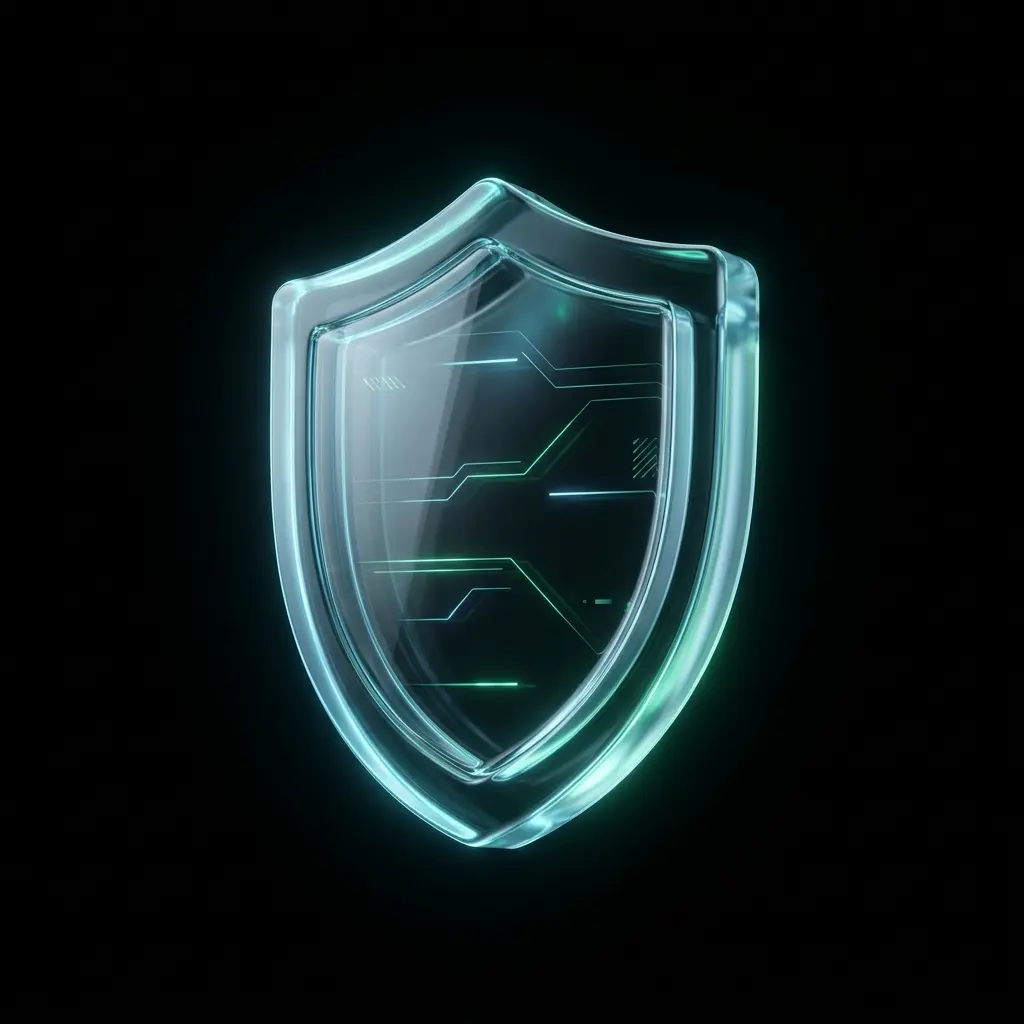 Elegant minimalist 3D glassmorphic security shield with soft neon circuit traces on a solid dark background.