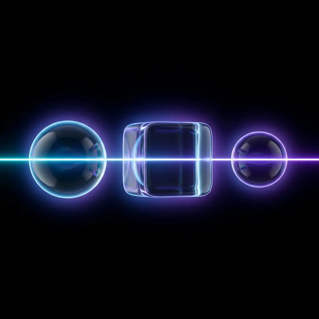 Elegant minimalist 3D glassmorphic sphere, cube, and small sphere aligned horizontally with a vibrant glowing cyan-to-violet laser path passing through them.