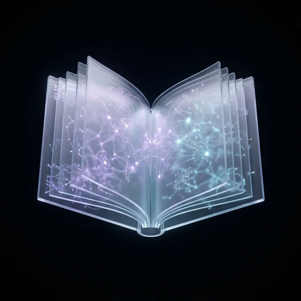 Minimalist 3D holographic open book with clear glass pages and neon laser-etched knowledge maps.