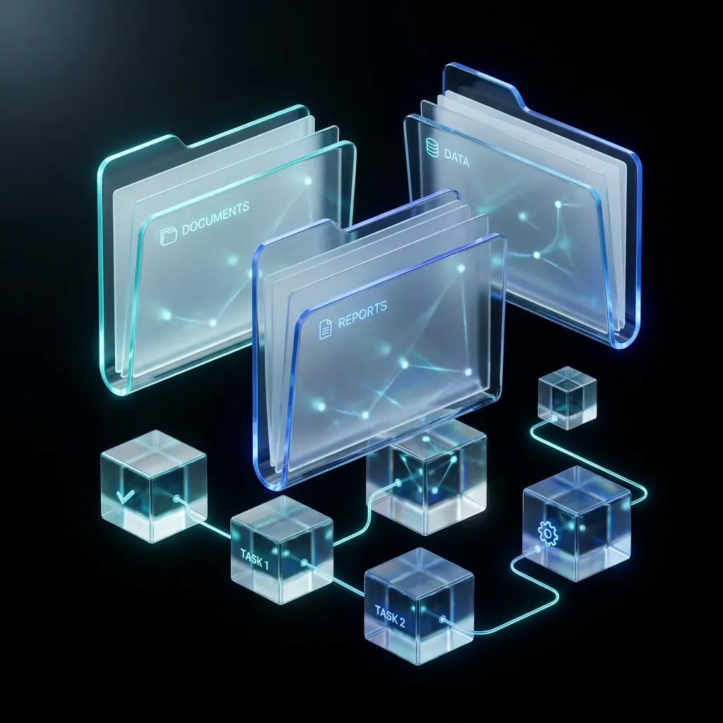 Elegant 3D glassmorphic document folders and cubic task stages connected by glowing data paths on a clean dark background.